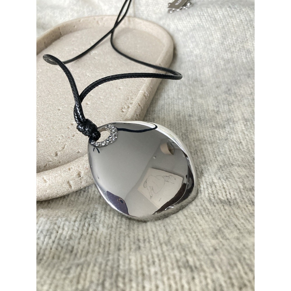 NEW Chico's Silver Tone Pendant Necklace Black Cord Rhinestone Floral Reversible